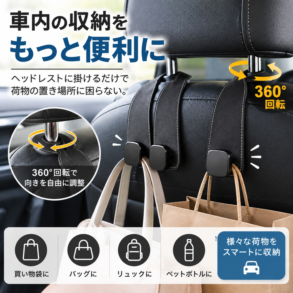 Multifunctional Car Headrest Hook (車用ヘッドレスト多機能フック)