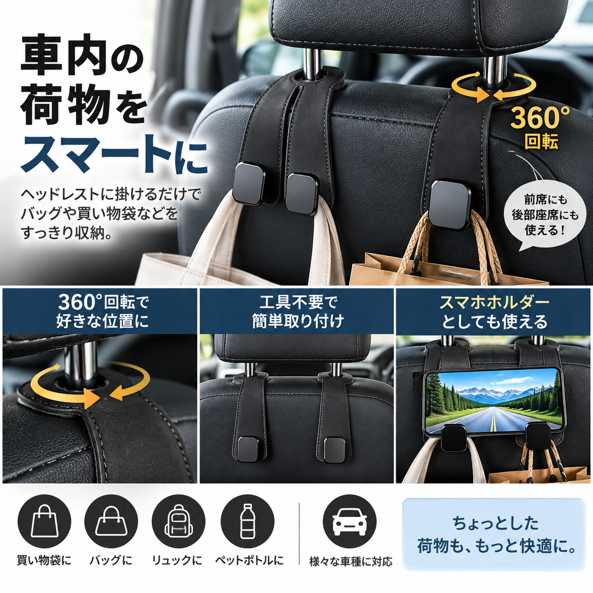Multifunctional Car Headrest Hook (車用ヘッドレスト多機能フック)