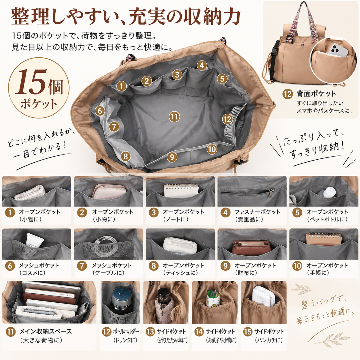 13-Way Multifunctional Large Capacity Women’s Tote Bag  (3WAY バッグ レディース)